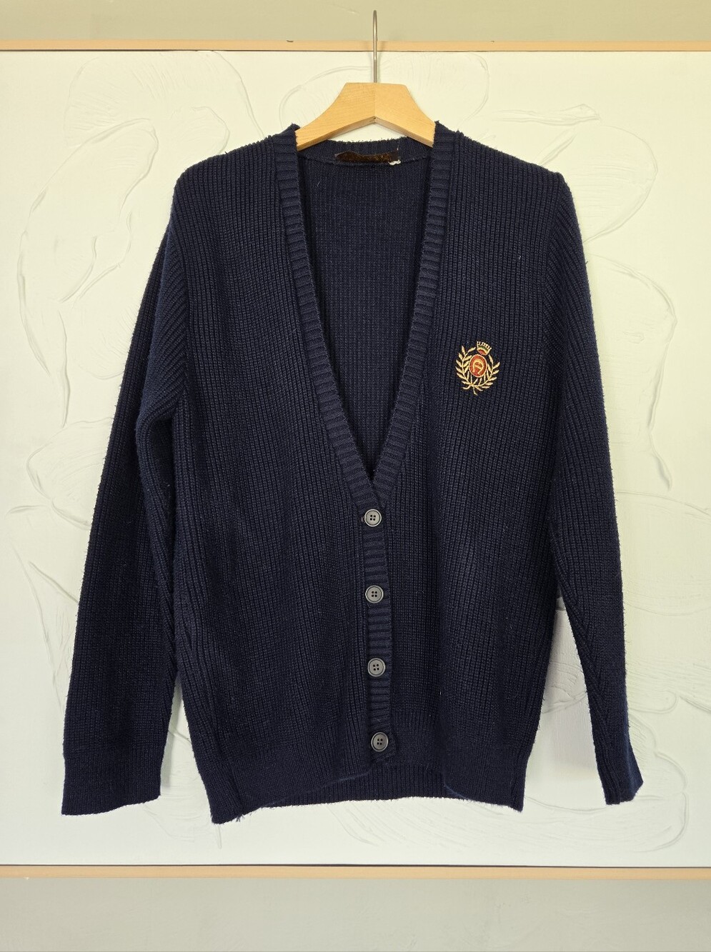 Etienne Aigner• Vintage Navy V-Neck Button Cardigan Sweater w/ Embroidered Crest